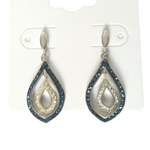 Vintage Blue Clear Crystal Teardrop Dangle Earrings Silver Plated Post